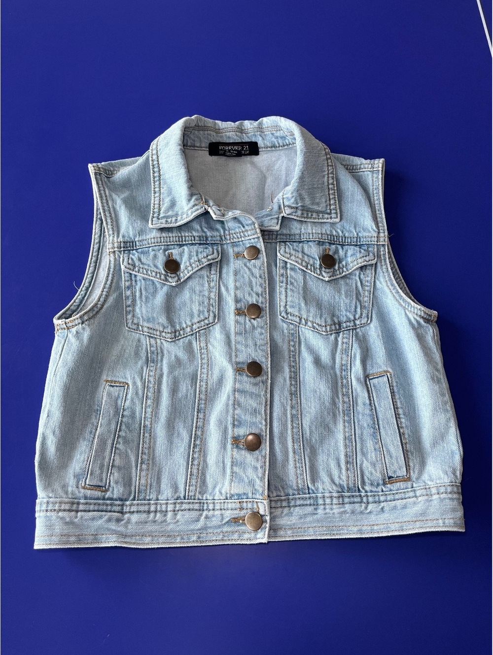 Forever 21 Premium Denim Light Blue Sleeveless Denim Vest Sleeveless Jacket